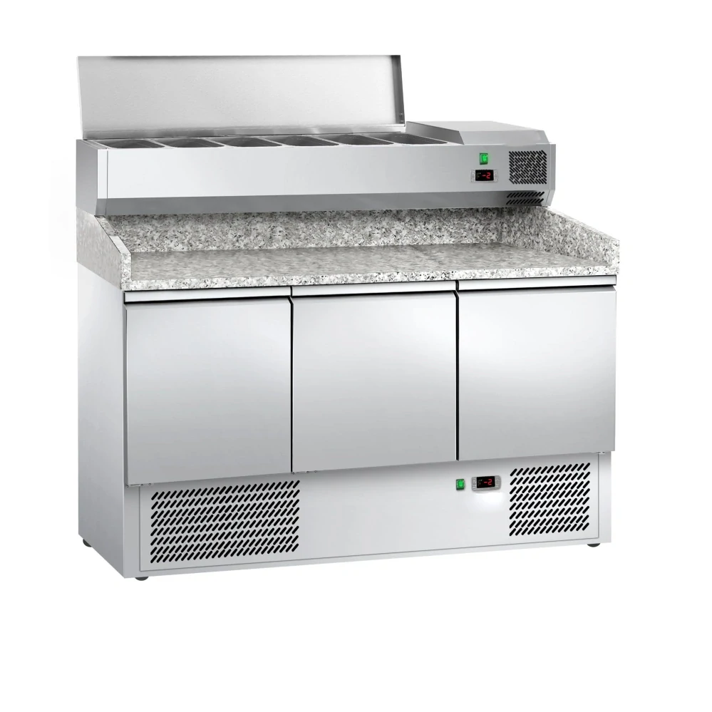 Chladicí stůl na pizzu ECO - 1400x700 mm - se 3 dveřmi - se žulovou pracovní deskou - vč. chladicí nástavbové vitríny - 6x GN 1/4
