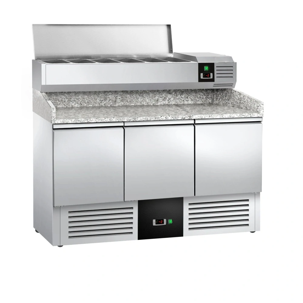 Chladicí stůl na pizzu PREMIUM - 1400x700 mm - se 3 dveřmi - se žulovou pracovní deskou - vč. chladicí nástavbové vitríny - 6x GN 1/4