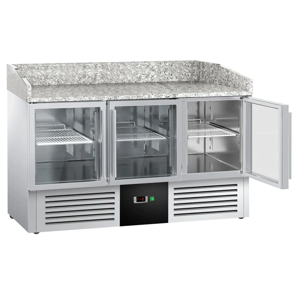 Chladicí stůl na pizzu PREMIUM - 1400x700 mm - se 3 dveřmi - se žulovou pracovní deskou