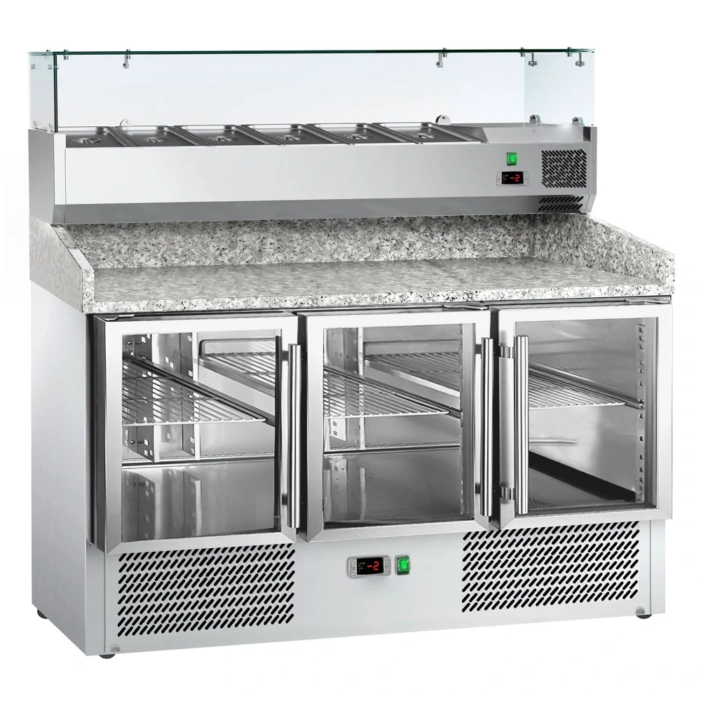 Chladicí stůl na pizzu ECO - 1400x700 mm - se 3 dveřmi - se žulovou pracovní deskou - vč. chladicí nástavbové vitríny - 6x GN 1/4 - se skleněným krytem