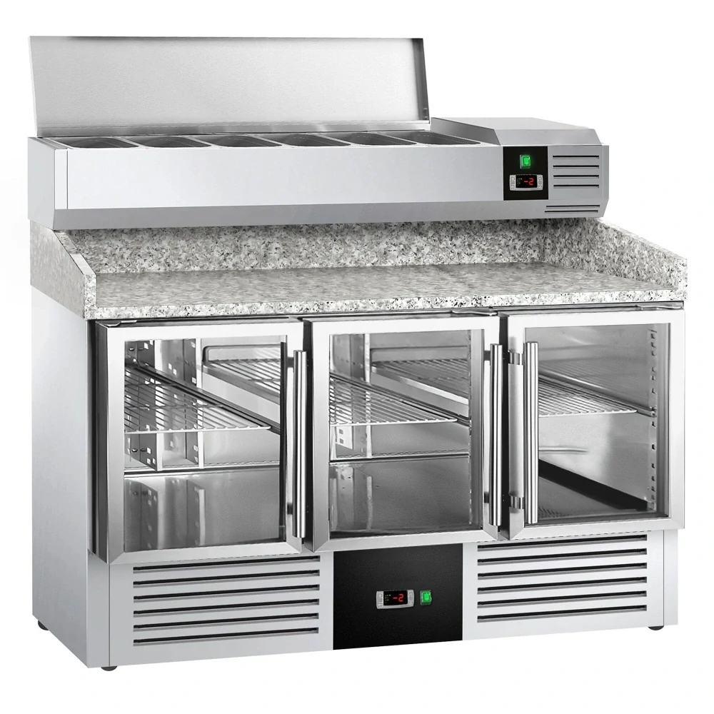 Chladicí stůl na pizzu PREMIUM - 1400x700 mm - se 3 dveřmi - se žulovou pracovní deskou - vč. chladicí nástavbové vitríny - 6x GN 1/4