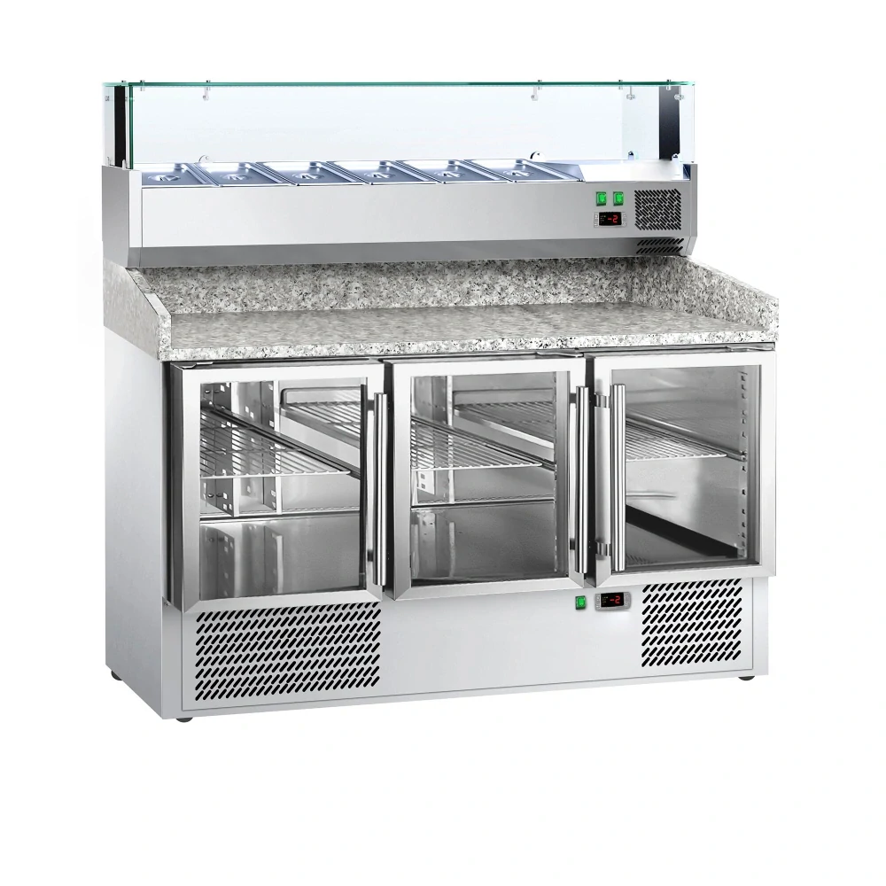 Chladicí stůl na pizzu ECO - 1400x700 mm - se 3 dveřmi - vč. chladicí nástavbové vitríny s LED osvětlením - 6x GN 1/4 - se žulovou pracovní deskou