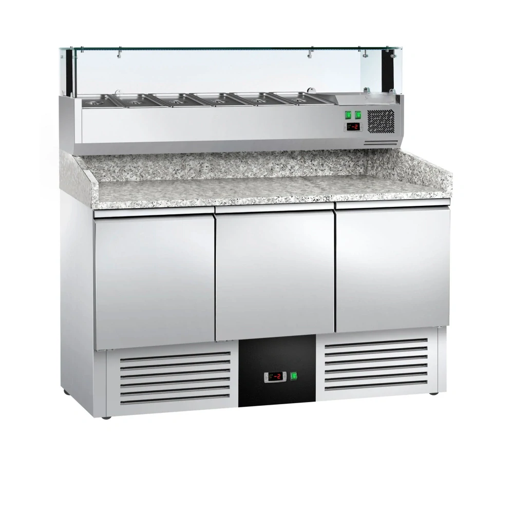 Chladicí stůl na pizzu PREMIUM - 1400x700 mm - se 3 dveřmi - se žulovou pracovní deskou - vč. chladicí nástavbové vitríny s LED osvětlením - 6x GN 1/4