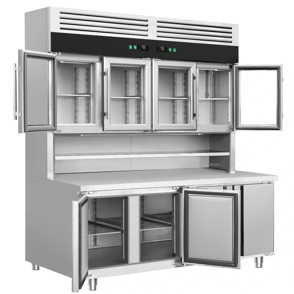 Chladicí stůl s přístěnným chladicím regálem - 1800x800x2100 mm - Dvojité zasklení - s 4 skleněnými dveřmi - s 4 dveřmi - pracovní deska