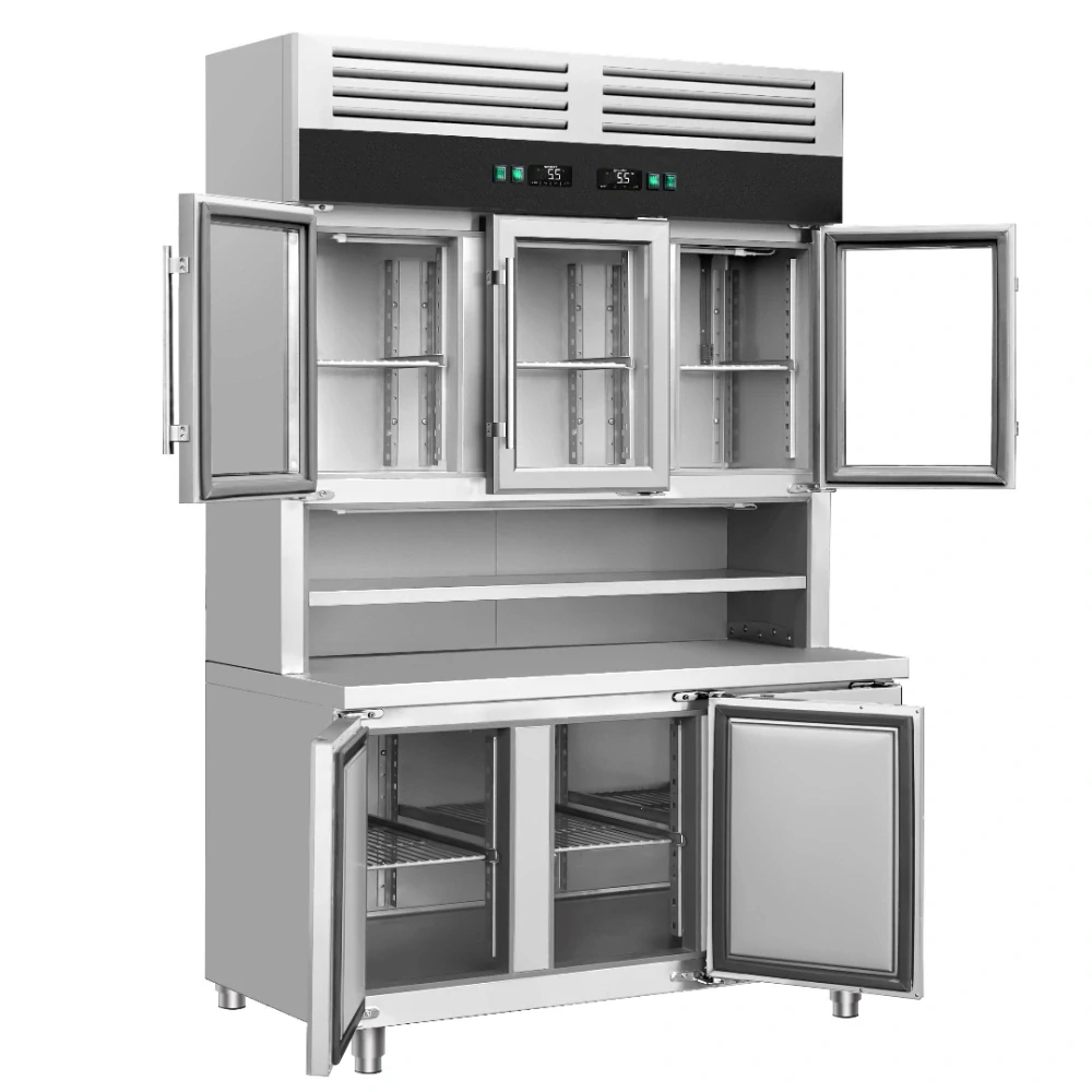 Přístěnný chladicí regál s chladicím stolem - 1350x700x2100 mm - 455 l - Dvojité zasklení - s 3 skleněnými dveřmi - s 3 dveřmi - pracovní deska