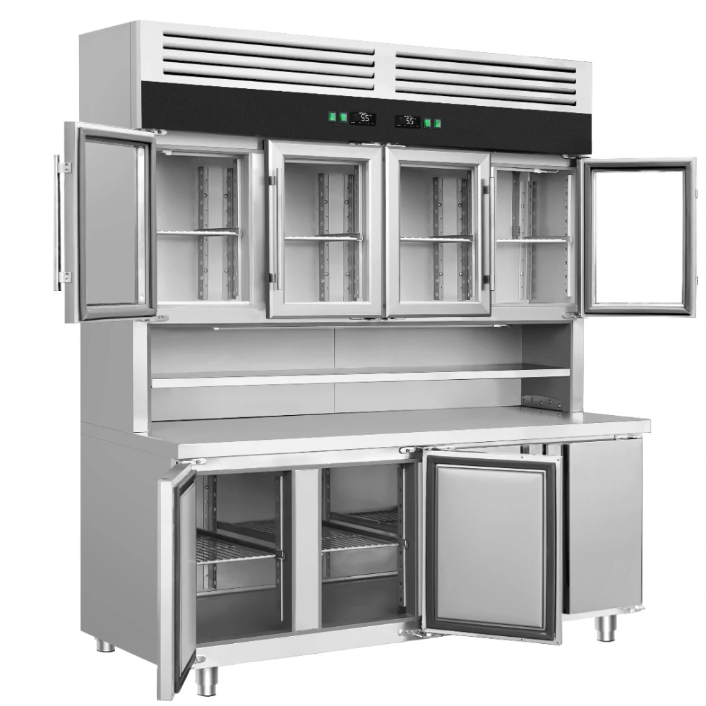 Chladicí stůl s přístěnným chladicím regálem - 1800x700x2100 mm - 655 l - Dvojité zasklení - s 4 skleněnými dveřmi - s 4 dveřmi - pracovní deska