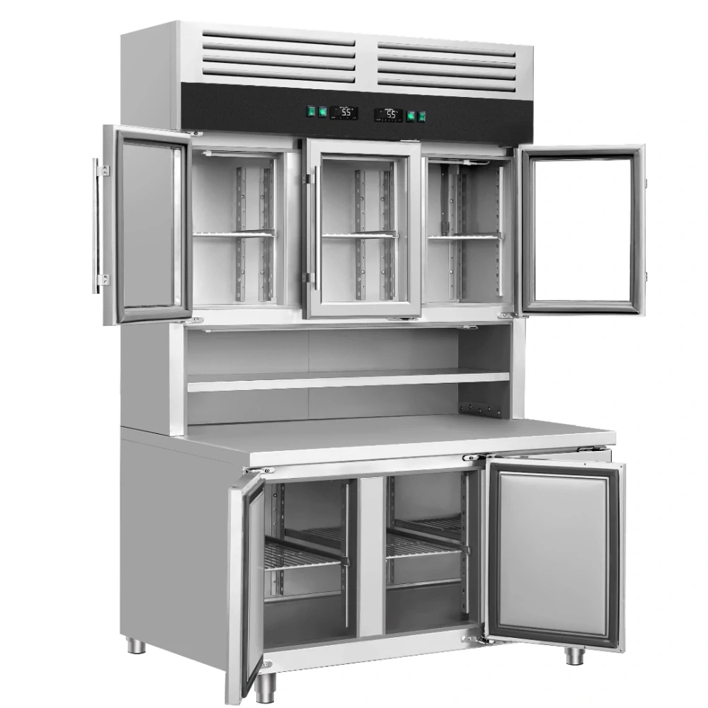Chladicí stůl s přístěnným chladicím regálem - 1350x800x2100 mm - 520 l - s 3 skleněnými dveřmi - s 3 dveřmi - Dvojité zasklení - pracovní deska