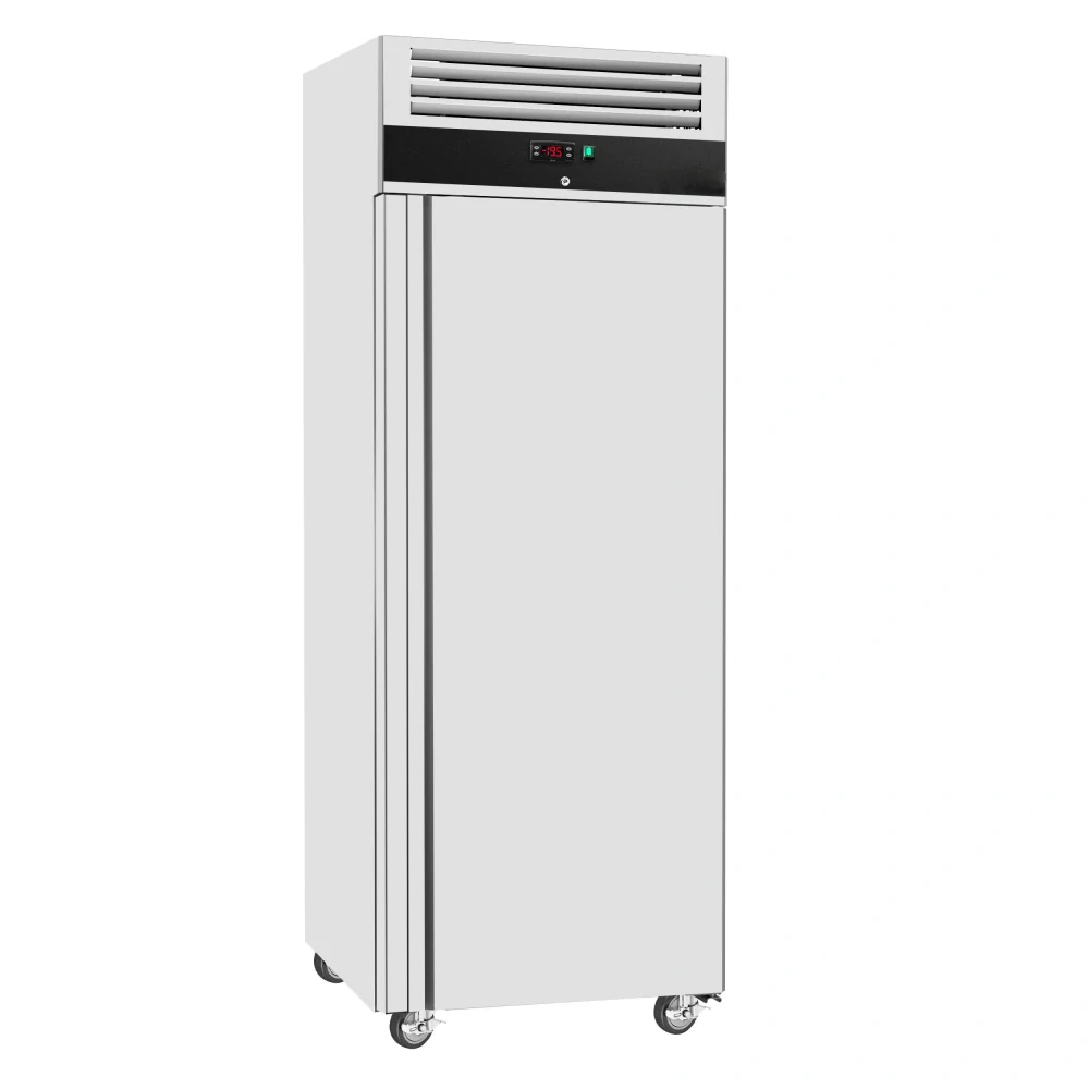 Nerezová mrazicí skříň ECO - GN 2/1 - 740 mm - 440 l - až -22 °C - s 1 dveře - Digitální termostat; Uzamykatelné dveře; Samozavírací dveře; Ventilované chlazení; Automatické odmrazování; Kolečka