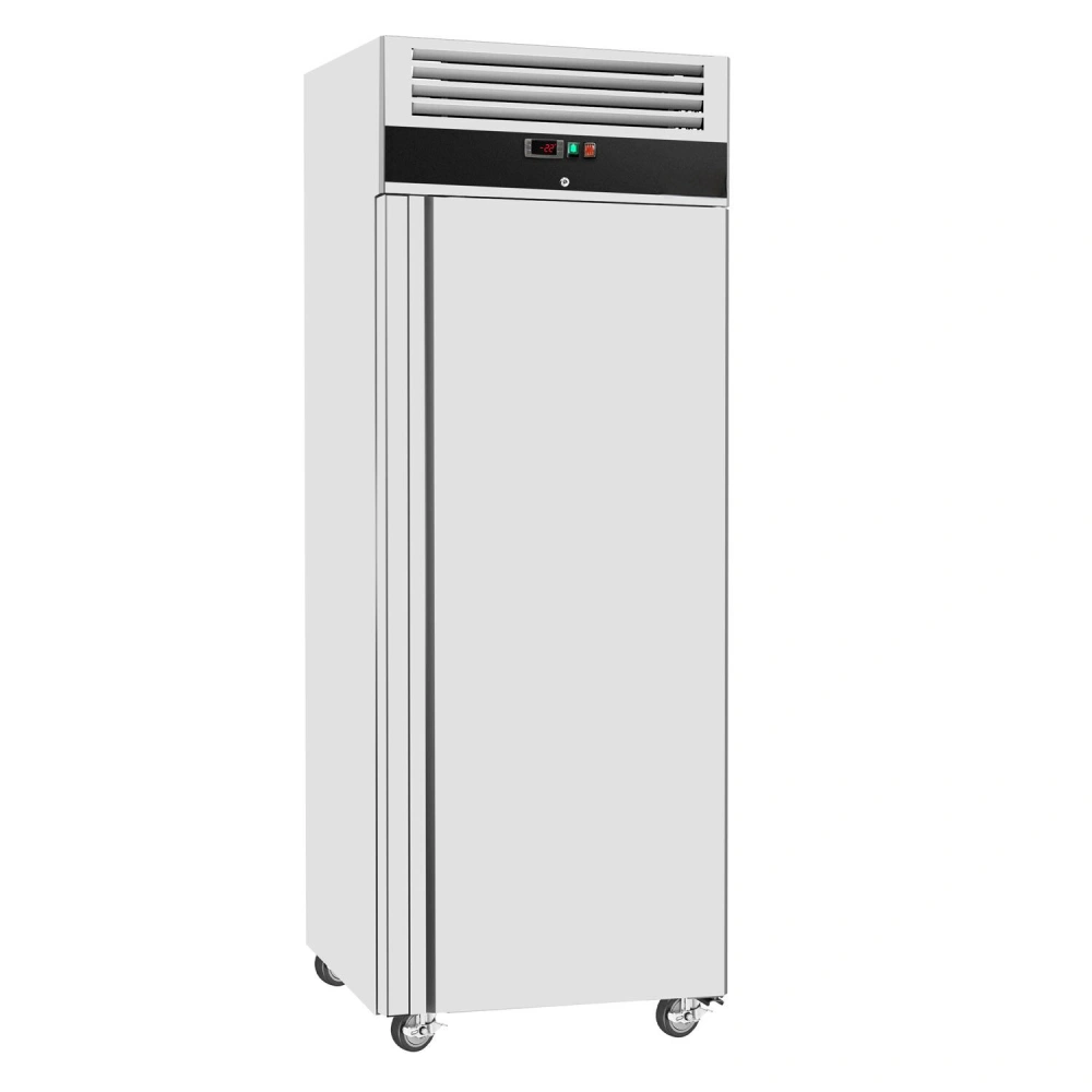 Nerezová mrazicí skříň ECO - GN 2/1 - 440 l - až -22 °C - s 1 dveře - Digitální termostat; Uzamykatelné dveře; Samozavírací dveře; Ventilované chlazení; Automatické odmrazování; Kolejnice & nosné rošty
