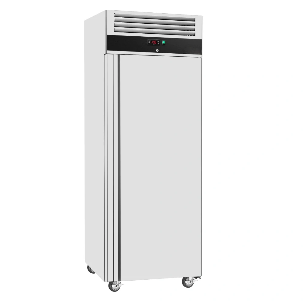 Nerezová mrazicí skříň ECO - GN 2/1 - 740 mm - 352 l - až -22 °C - s 1 dveře - Digitální termostat; Uzamykatelné dveře; Samozavírací dveře; Ventilované chlazení; Automatické odmrazování; Kolečka - Černá fronta