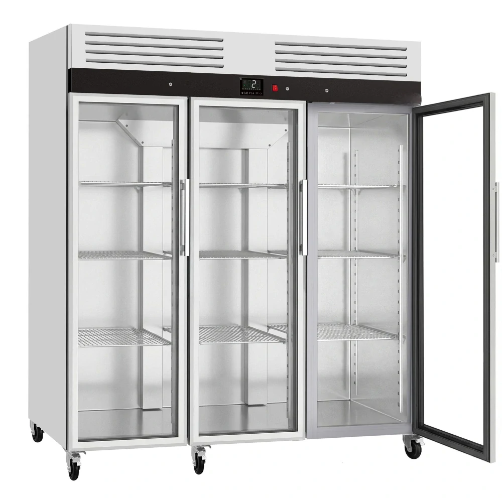 Nerezová chladicí skříň ECO – 2100 L – se 3 skleněnými dveřmi
