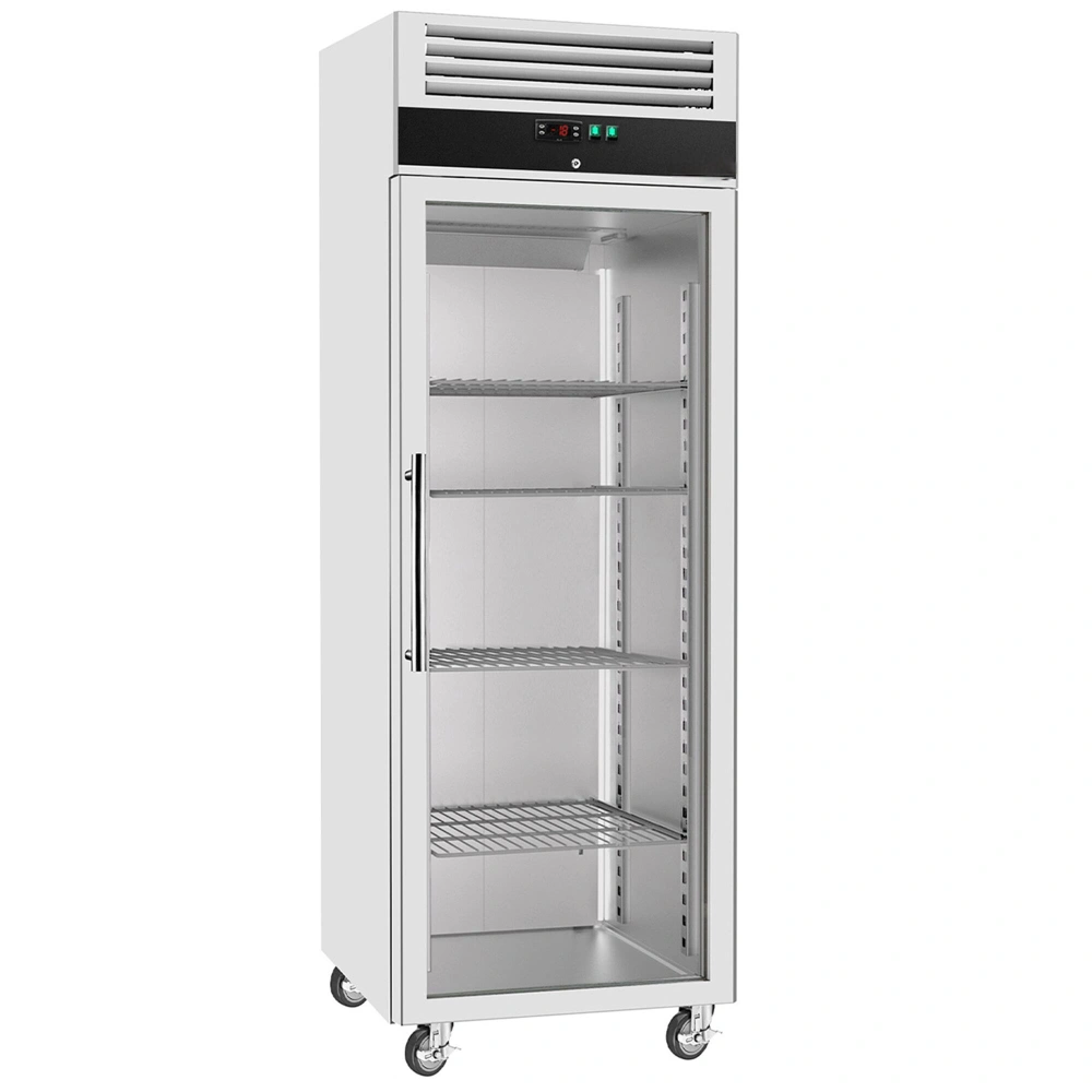 Nerezová mrazicí skříň ECO - GN 1/1 - 740 mm - 600 l - až -22 °C - s 1 skleněné dveře - Digitální termostat; Vyhřívaný rám; Ventilované chlazení; Automatické odmrazování; Uzamykatelné dveře; Kolečka