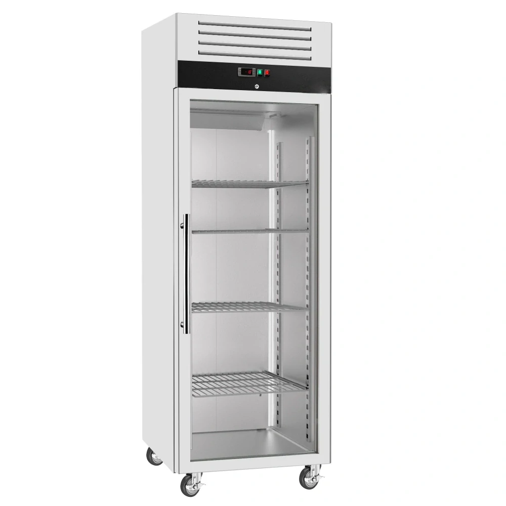 Nerezová mrazicí skříň ECO - GN 2/1 - 700 l - až -15 °C - s 1 skleněné dveře - Digitální termostat; Vyhřívaný rám; Ventilované chlazení; Automatické odmrazování; Uzamykatelné dveře