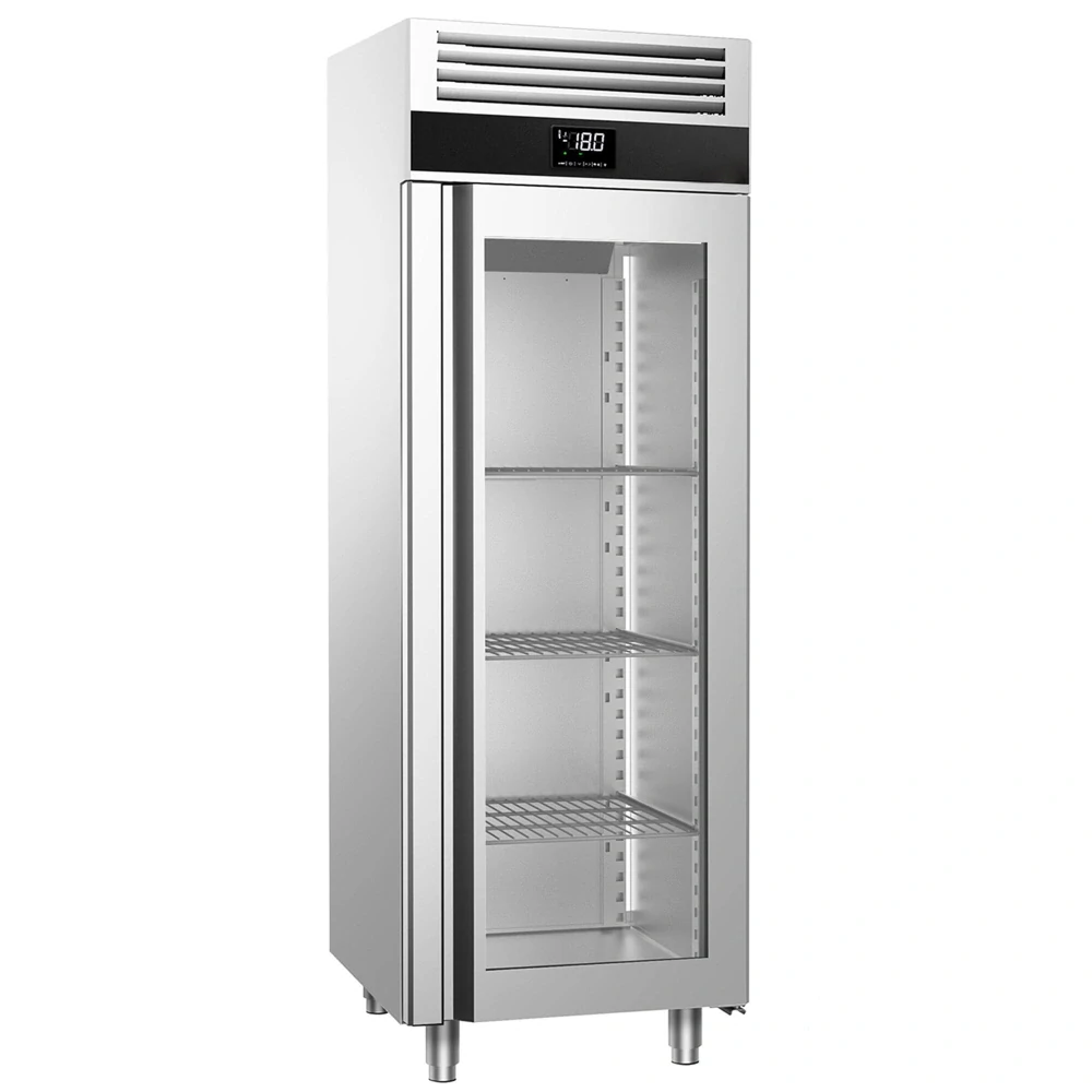 Nerezová mrazicí skříň PREMIUM - GN 2/1 - 700 mm - 700 l - až -20 °C - s 1 skleněné dveře - Digitální termostat; Samozavírací dveře; Automatické odmrazování; Ventilované chlazení