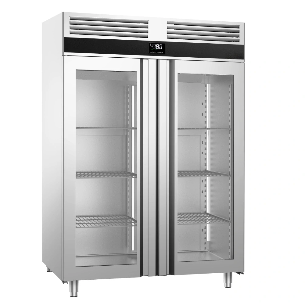 Nerezová mrazicí skříň PREMIUM - GN 2/1 - 1 400 l - až -20 °C - s 2 skleněné dveře - Digitální termostat; Samozavírací dveře; Ventilované chlazení; Automatické odmrazování