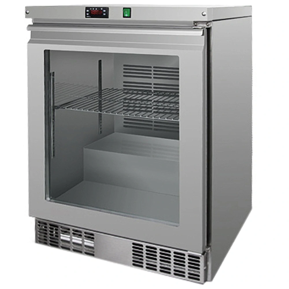 Podpultový mrazák Nerezová ocel PREMIUM - 595 mm - 110 l - až -20 °C - s 1 skleněné dveře - Dvojitě zasklené dveře; Digitální termostat; Ventilované…