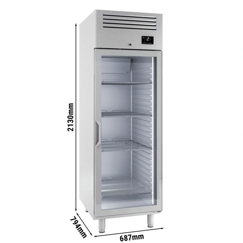 Nerezová chladicí skříň PREMIUM PLUS - GN 2/1 - 687 mm - 560 l - až +8 °C - s 1 skleněné dveře - Digitální termostat; Samozavírací dveře; LED…