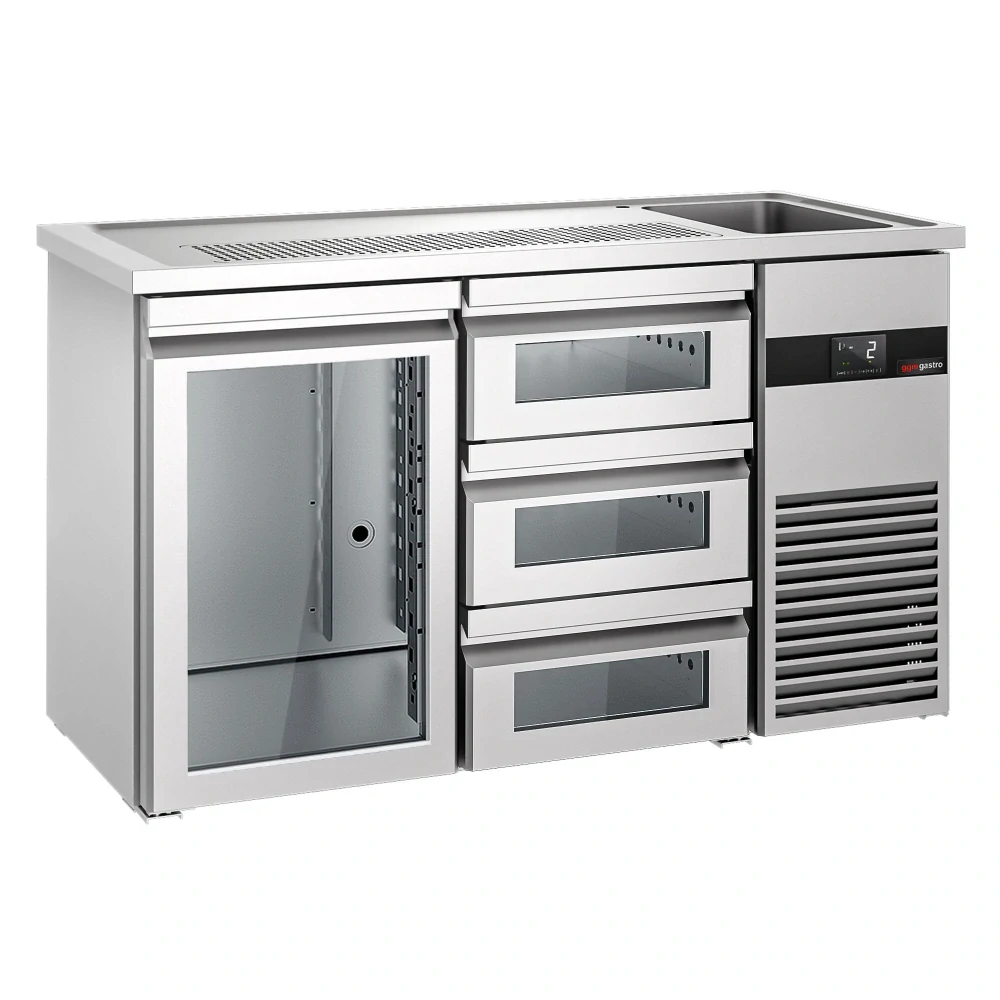 Výčepní pult PREMIUM - 1550x700 mm - 1 skleněné dveře & 3 skleněné zásuvky
