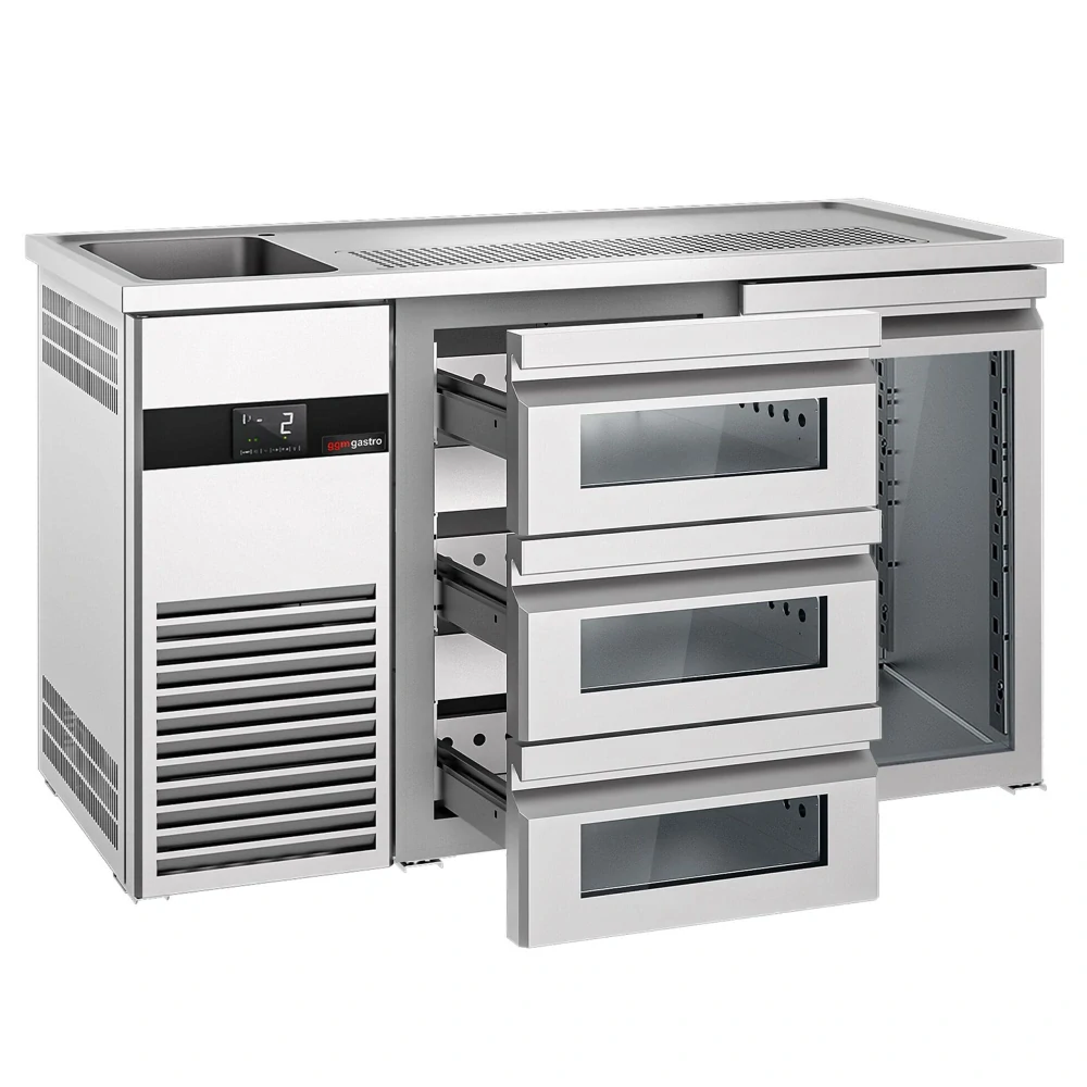 Výčepní pult PREMIUM - 1550x700 mm - 1 skleněné dveře & 3 skleněné zásuvky