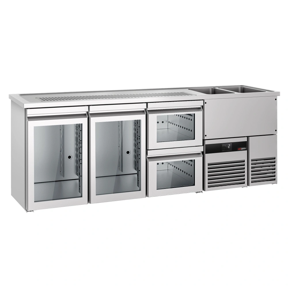 Výčepní pult PREMIUM - 2500x700 mm - 2 skleněné dveře & 2 skleněné zásuvky