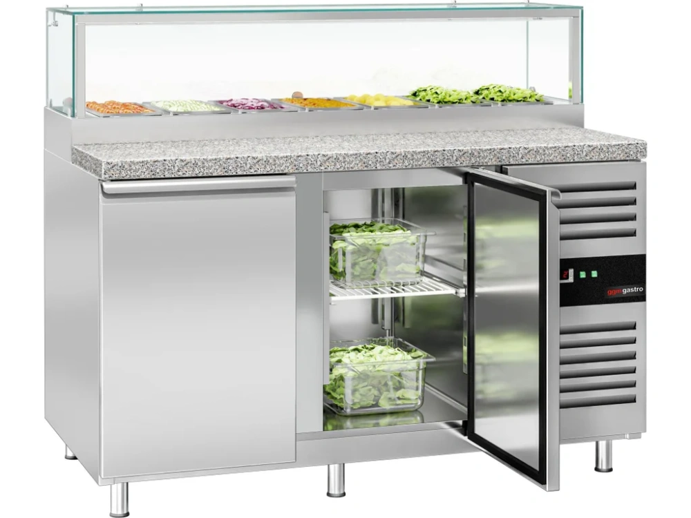 Saladeta PREMIUM - 1510 mm - 2 dveře - se skleněným nástavcem pro 7x GN 1/3 & 1 police - žulová pracovní deska