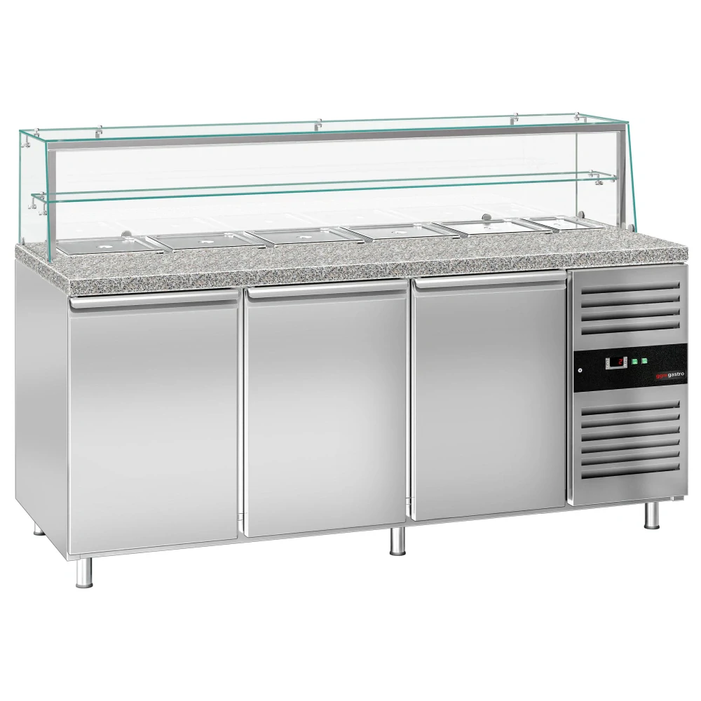 Saladeta PREMIUM - 2020 mm - 3 dveře - se skleněným nástavcem pro 5x GN 1/1 & 1x GN 2/4 & 1 police - žulová pracovní deska