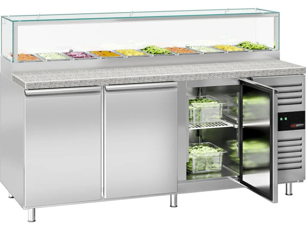 Saladeta PREMIUM - 2020 mm - 3 dveře - se skleněným nástavcem pro 10x GN 1/3 & 1 police - žulová pracovní deska