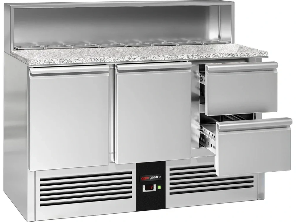 Saladeta PREMIUM - 1368 mm - 2 dveře & 2 zásuvky - s nerezovým krytem pro 8x GN 1/6 - žulová pracovní deska