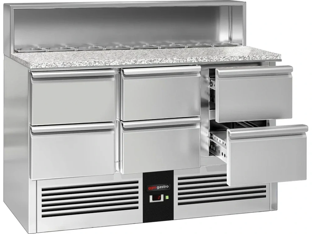 Saladeta PREMIUM - 1368 mm - 402 l - 6 zásuvky - s nerezovým krytem pro 8x GN 1/6 - žulová pracovní deska