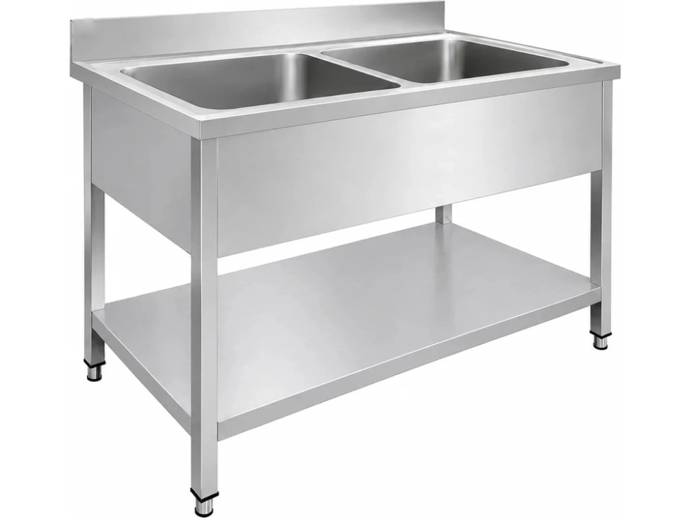 Nerezový mycí stůl PREMIUM se dvěma dřezy uprostřed - spodní policí - zadním lemem 1 000 mm