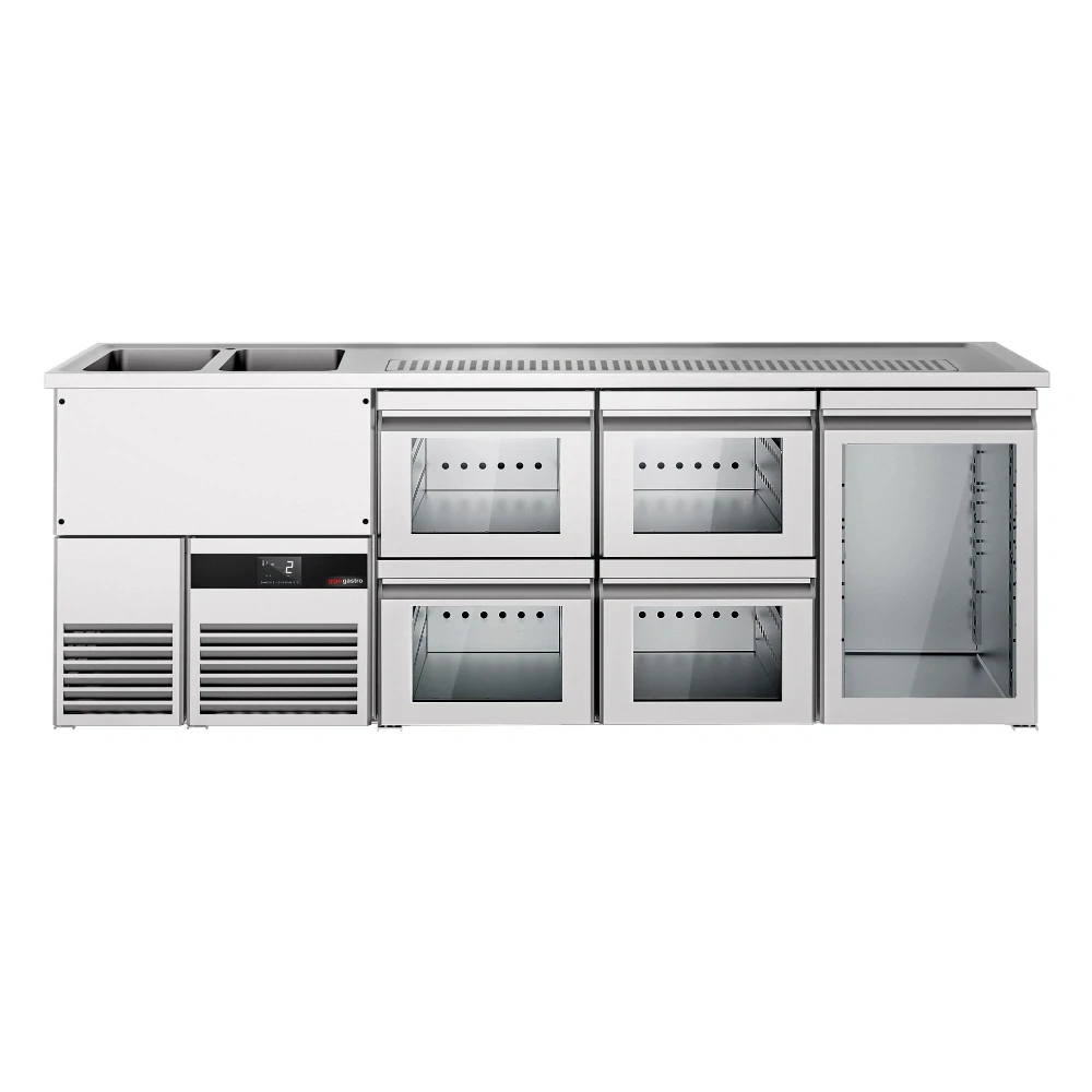 Výčepní pult PREMIUM - 2500x700 mm - 1 skleněné dveře & 4 skleněné zásuvky