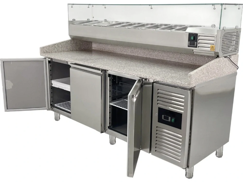 Chladící stůl na pizzu - 2015 x 800 mm - se 3 dvířky a saladetou 9 x GN 1/3