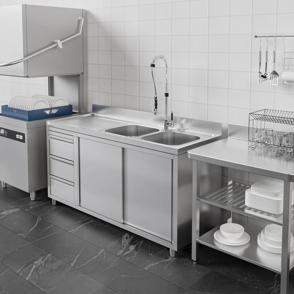 Nerezová gastro dřezová skříňka 2000×600 mm – 2 dřezy vpravo, 3 zásuvky, posuvné dveře