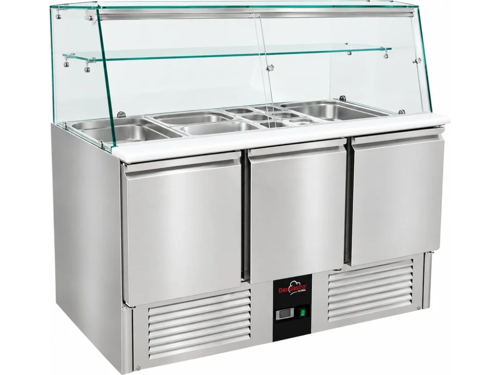 Chladící saladeta - 1 370 x 700 mm - se 3 dvířky a skleněnou nástavbou se světlem