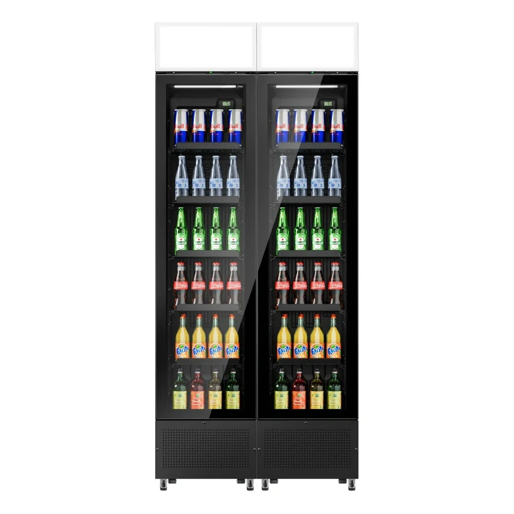 (2 kusy) Komerční chladnička na nápoje PREMIUM – bezrámová – 290 l – 2 skleněné dveře a reklamní displej