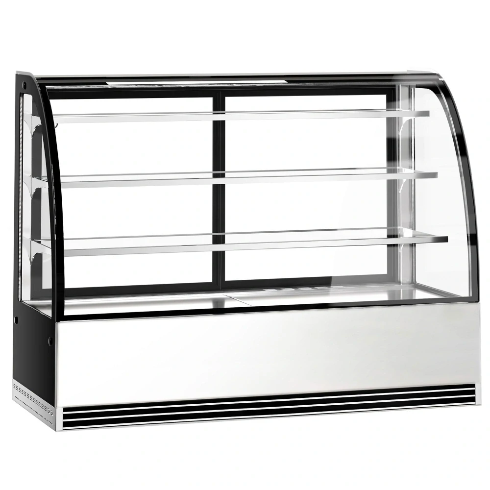 Cukrárenský pult Maxi - kulatá - obslužná - pro dorty - 633 l - 1 800 mm - 2 posuvné skleněné dveře - přední sklo kulaté - s 3 policemi