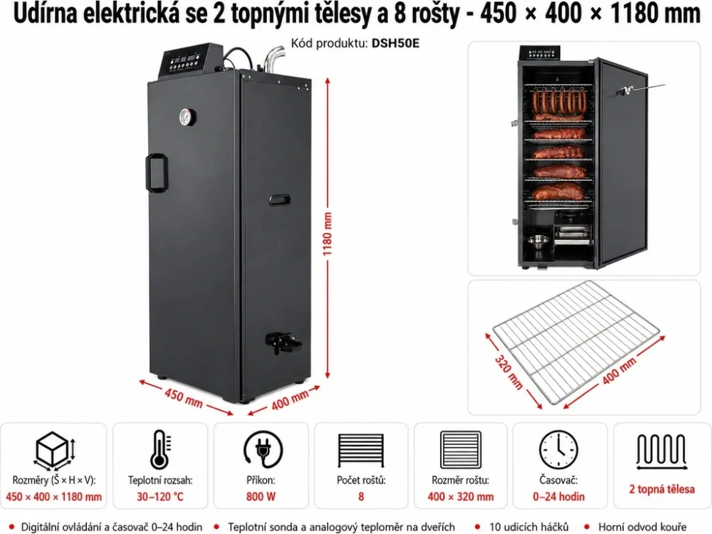 Udírna - elektrická - s 8 policemi - dvěma topnými tělesy