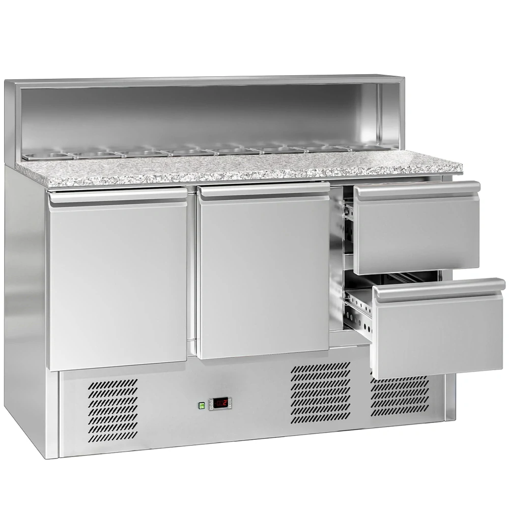 Saladeta ECO - 1368 mm - 2 dveře & 2 zásuvky - s nerezovým krytem pro 8x GN 1/6 - žulová pracovní deska