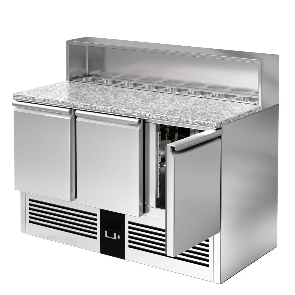 Saladeta PREMIUM - 1368 mm - 3 dveře - s nerezovým krytem pro 8x GN 1/6 - žulová pracovní deska