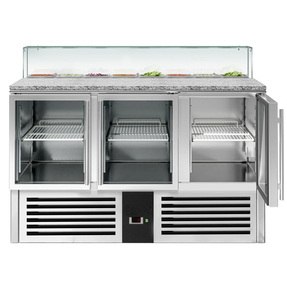 Saladeta PREMIUM - 1368 mm - 3 skleněné dveře - se skleněným nástavcem pro 8x GN 1/6 - pro CZ