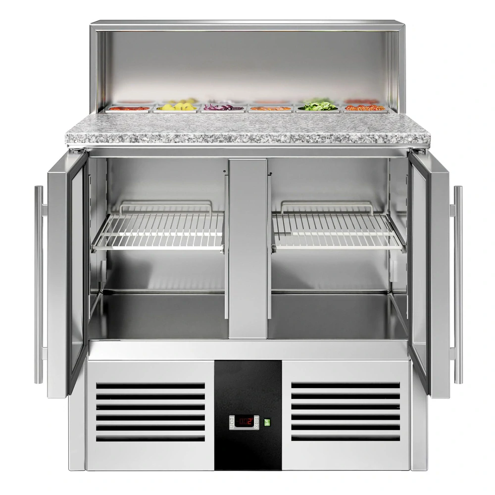 Saladeta PREMIUM - 903 mm - 2 skleněné dveře - s nerezovým krytem pro 5x GN 1/6 - žulová pracovní deska