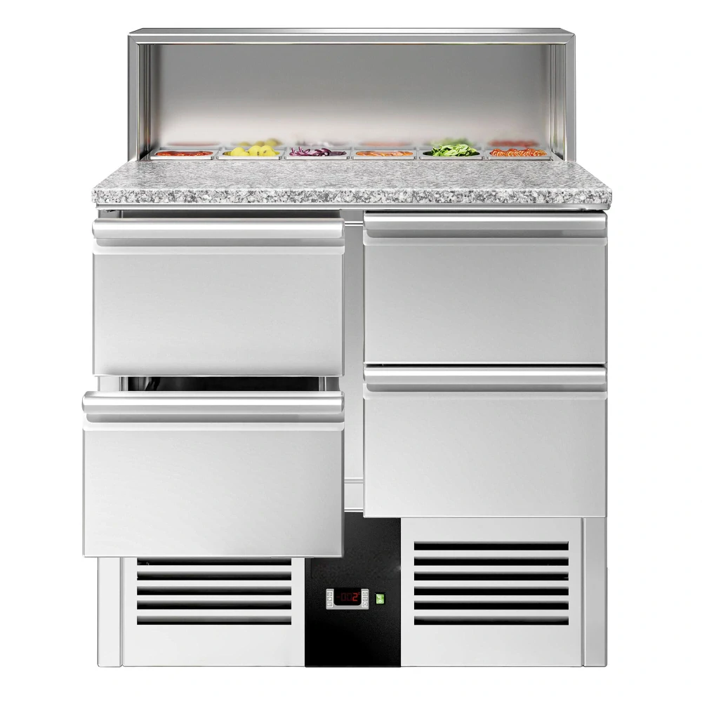 ** Obrázek se může mírně lišit od originálu. Saladeta PREMIUM - 903 mm - 4 zásuvky - s nerezovým krytem pro 5x GN 1/6 - žulová pracovní deska - pro CZ