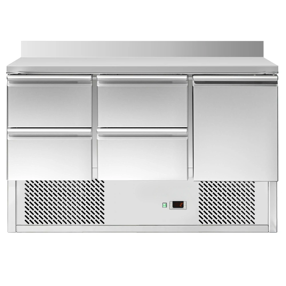 Chladicí stůl ECO - 1370x700 mm - s 1 dveřmi - 4 zásuvkami - se zadní lištou