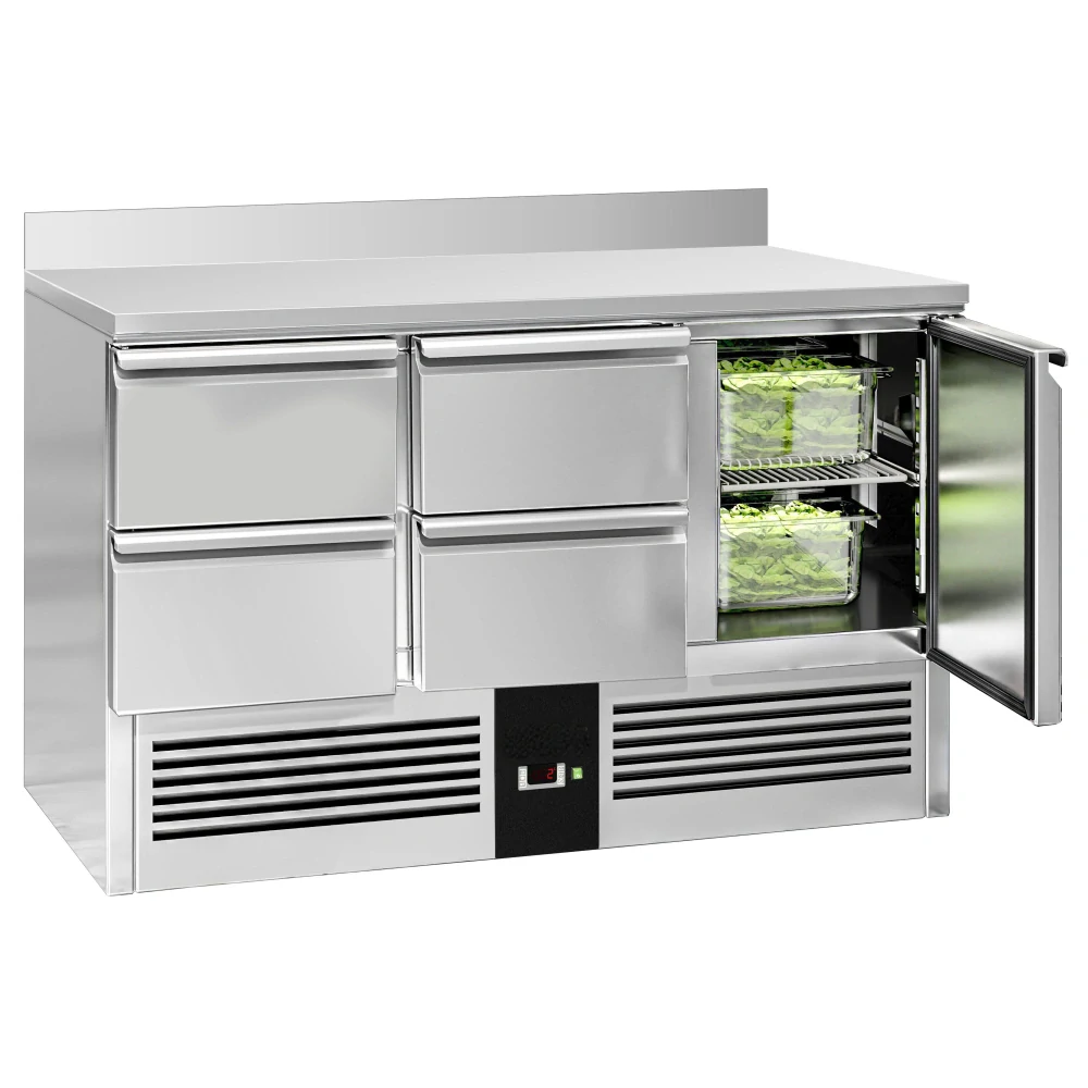 Chladicí stůl PREMIUM - 1370x700 mm - 1 dveře, 4 zásuvky - zadní lišta