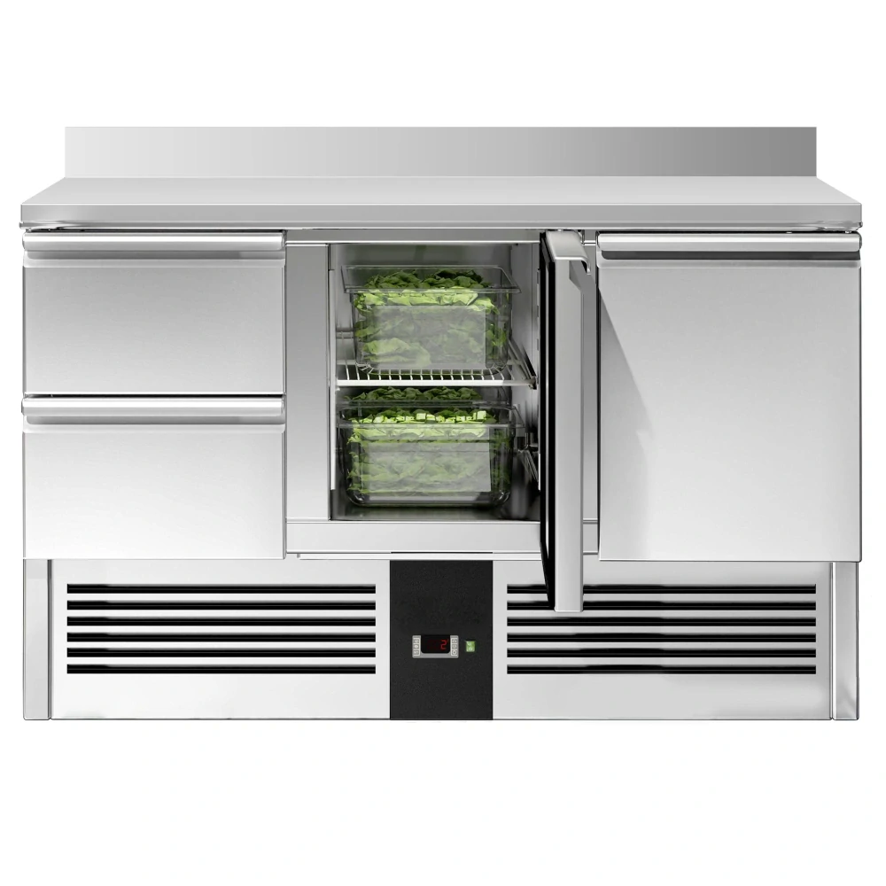 Chladicí stůl PREMIUM - 1370x700 mm - 2 dveře, 2 zásuvky - zadní lišta