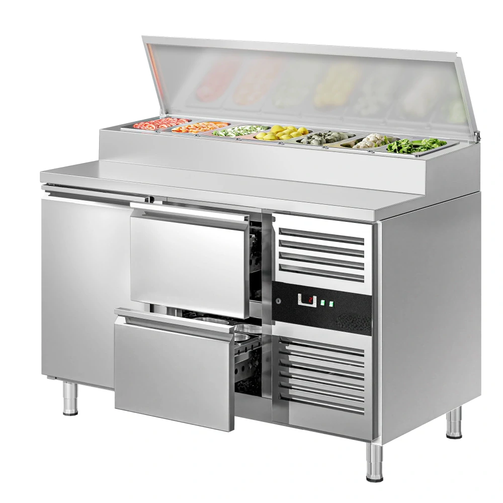 Přípravný chladicí stůl PREMIUM - 1360 mm - 1 dveře & 2 zásuvky - pro 7× GN 1/3