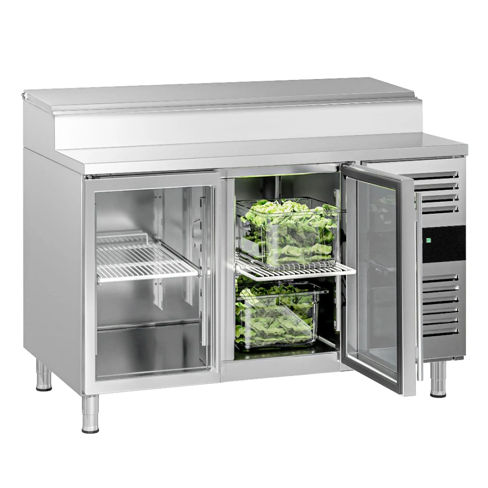 Přípravný stůl PREMIUM - 1360 mm - 2 skleněné dveře - pro 7× GN 1/3