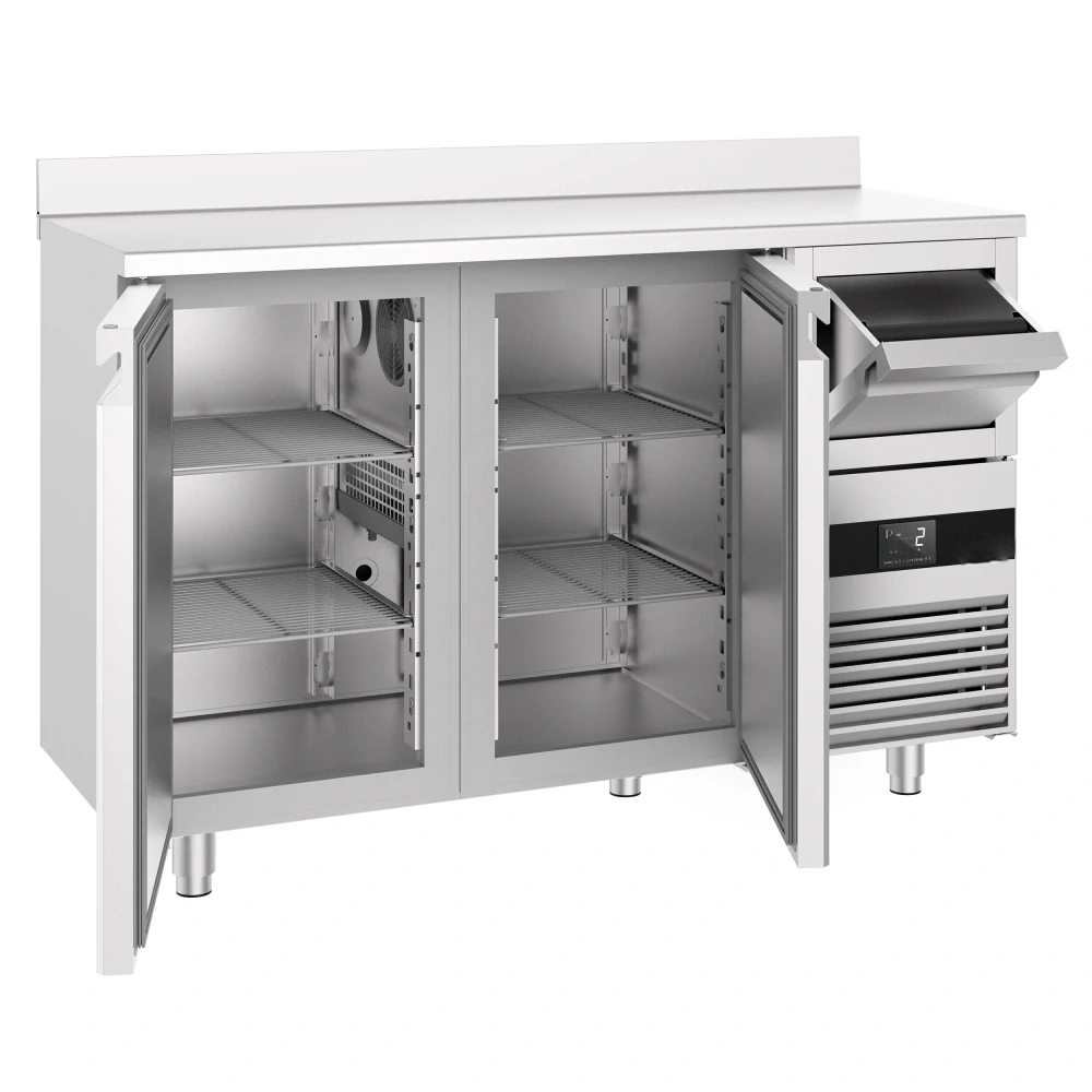 Barový chladicí stůl PREMIUM - 1580x600 mm - se 2 dveřmi, zadní lištou & odklepávačem na kávu