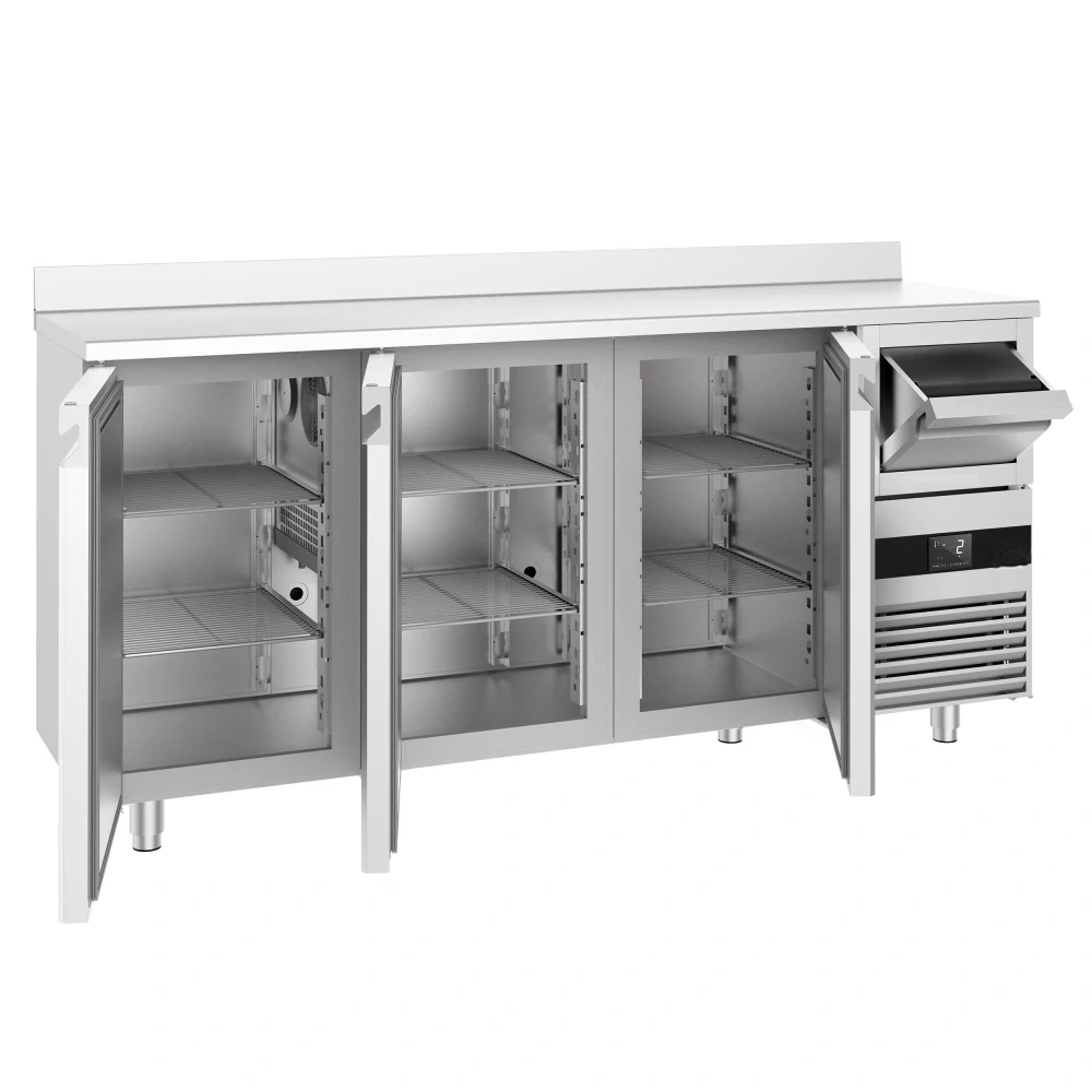 Barový chladicí stůl PREMIUM - 2135x600 mm - se 3 dveřmi, zadní lištou & odklepávačem na kávu
