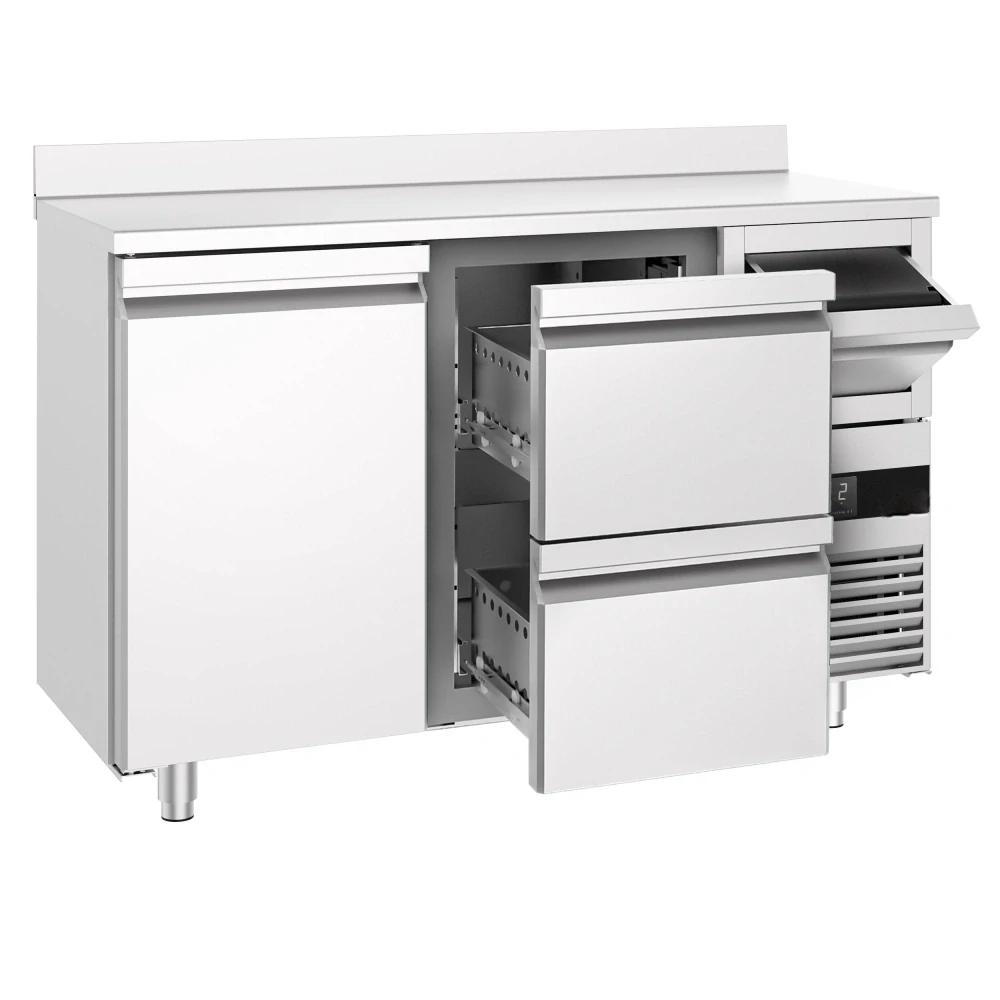 Barový chladicí stůl PREMIUM - 1580x600 mm - s 1 dveřmi, 2 zásuvkami, zadní lištou & odklepávačem na kávu